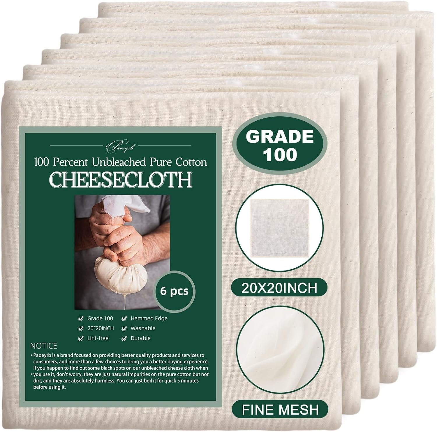6 Pcs Cheese Cloth 20x20" – Grade 100 Unbleached Organic Muslin for Straining...