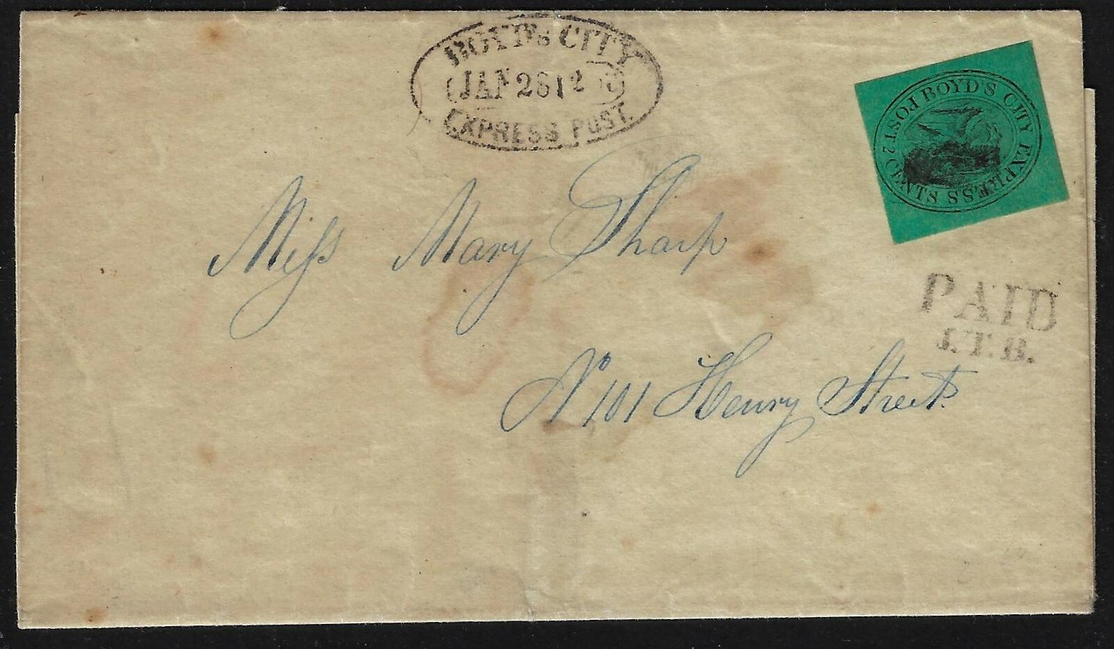 US 1845 BOYDS LOCAL POST COVER 2¢ BLACK/GREEN Sc 20L4 CANCELLED KILLER TYPE PAID