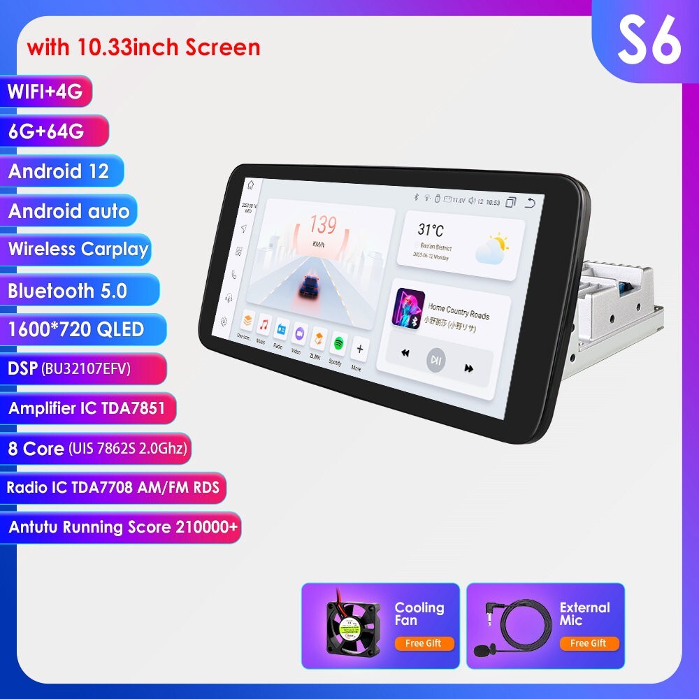 10.33” 6+64GB Android 8Core Single 1 DIN Apple Carplay Car Stereo Radio GPS DSP