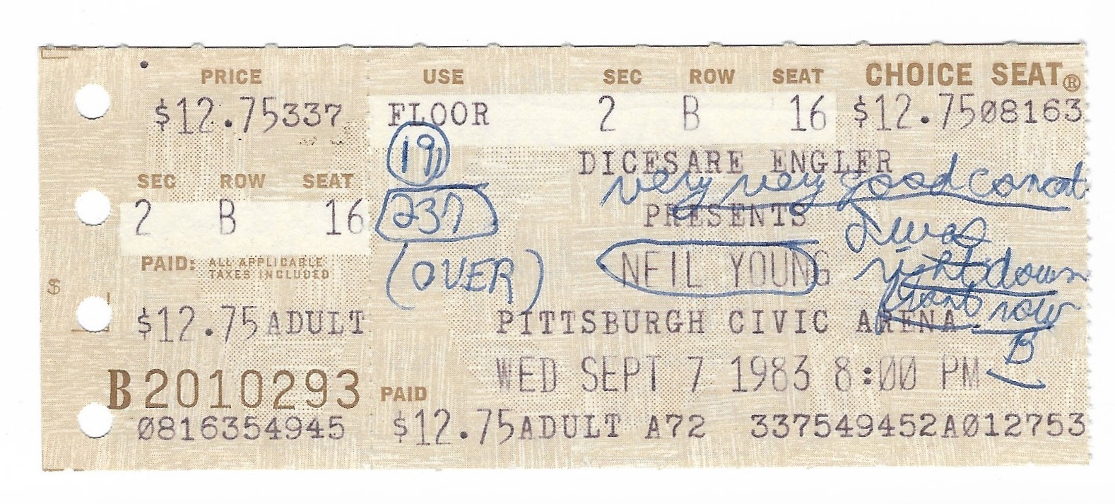 Neil Young 9/7/83 Pittsburgh PA Civic Arena Ticket Stub! and CSN