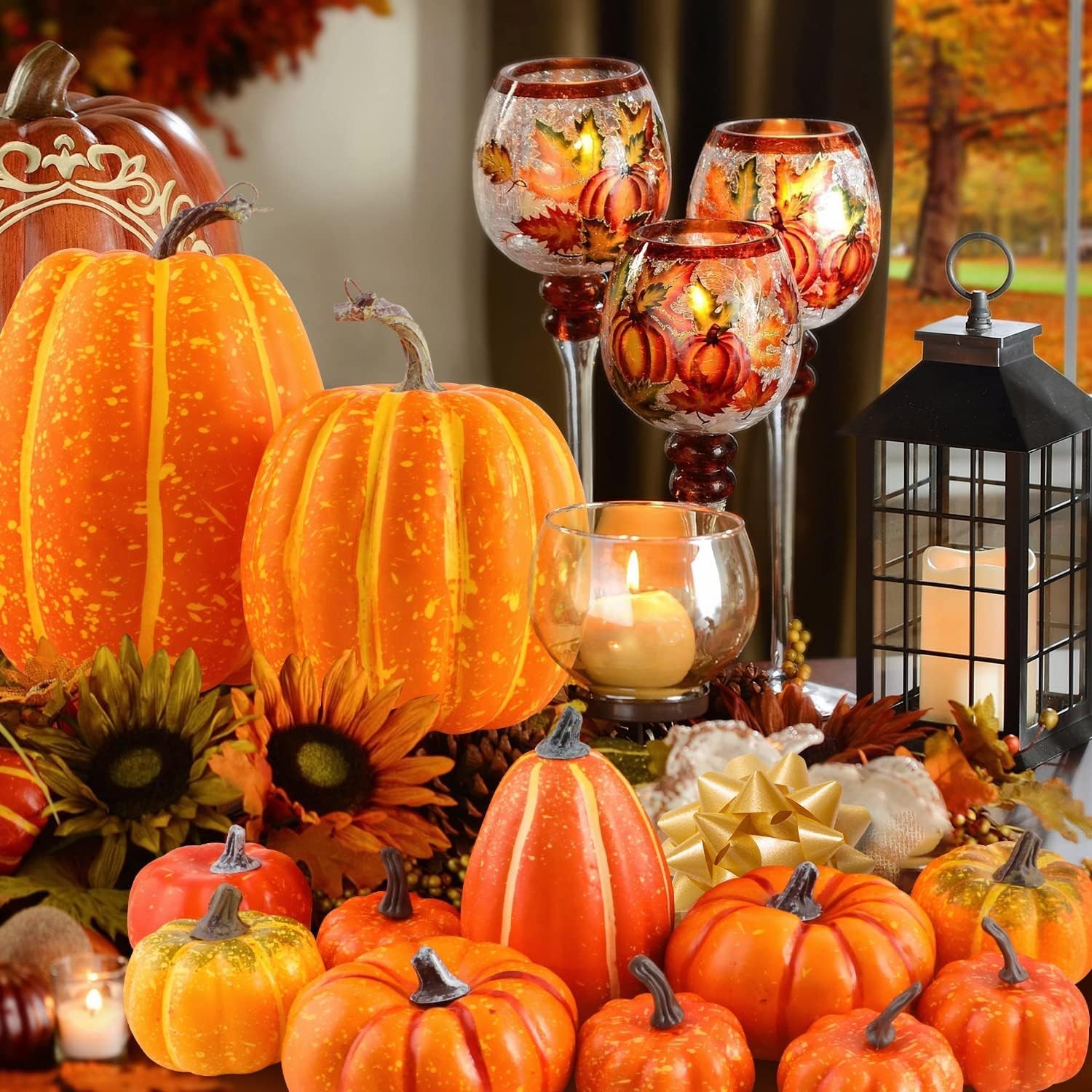 Ywlake 16 Pcs Pumpkin Fall Decorations, Decorative Large Small 12Pcs, Orange