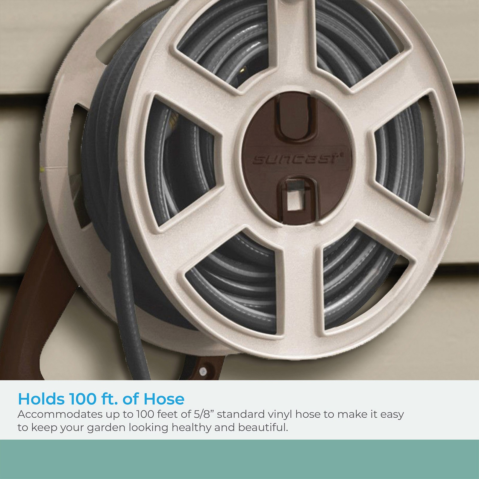 Suncast Sidewinder 100-Foot Wall Mount Garden Hose Reel, Taupe