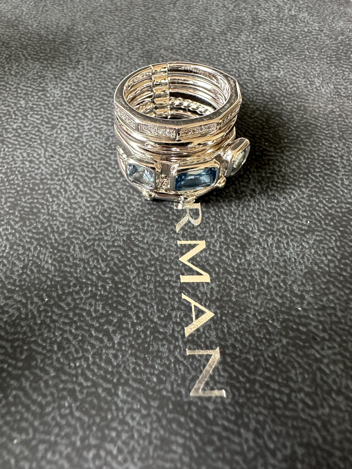 David Yurman Stax Five Row Ring 15mm 925 w/ Hampton Blue Topaz & Diamonds sz 6