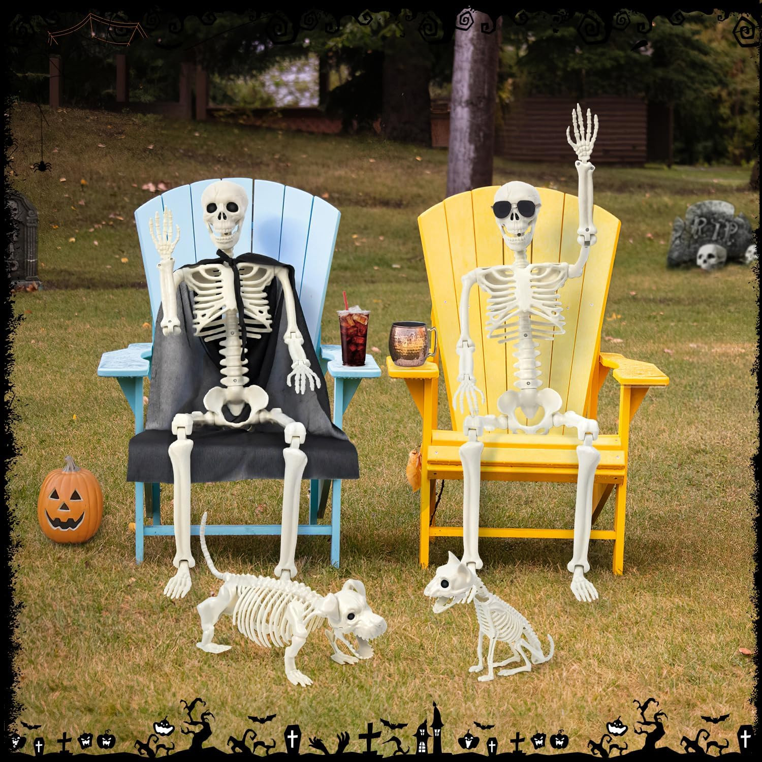 36" Skeleton Halloween Decorations, 3FT Posable Skeleton with Dog & Cat Skeleton