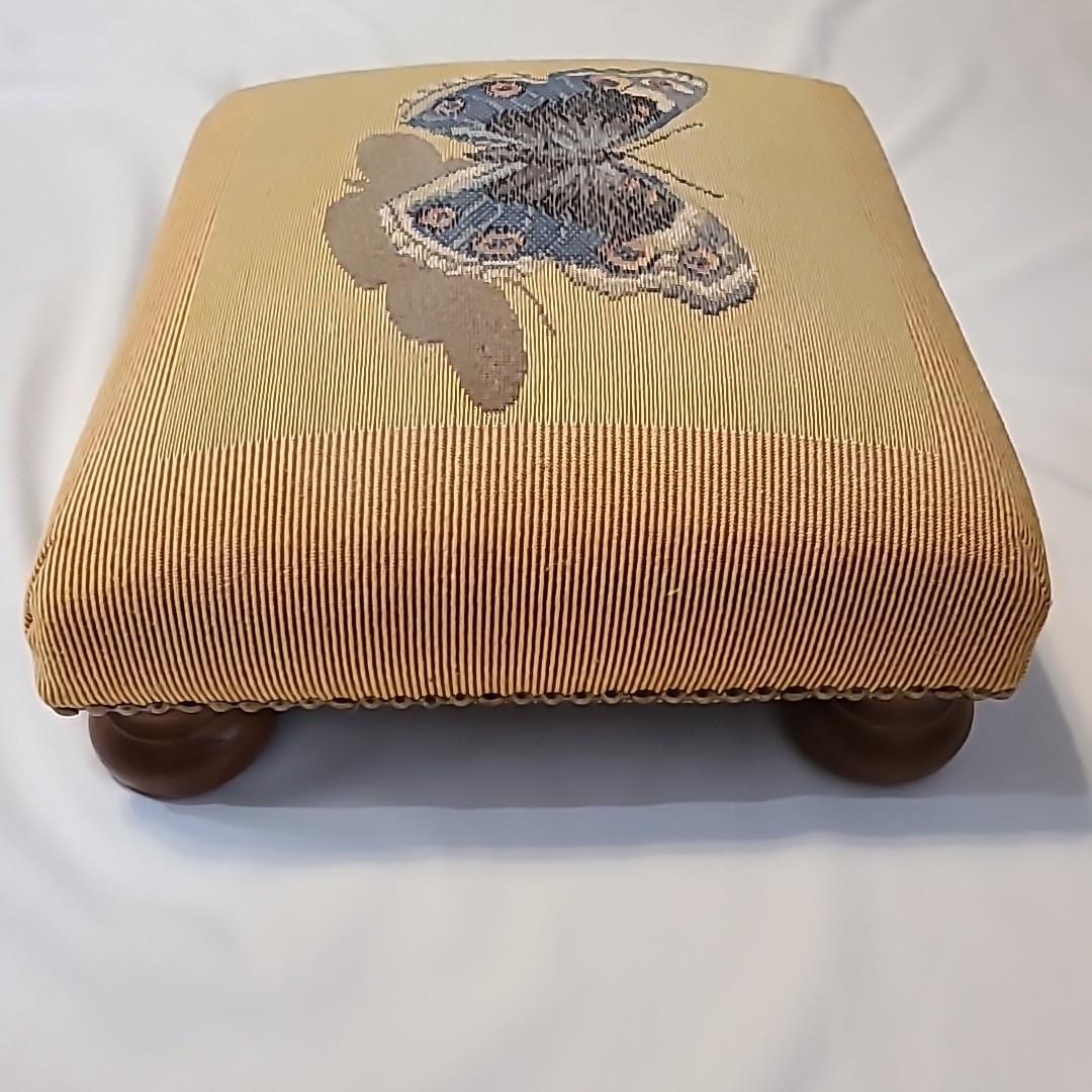 Vintage needlepoint butterfly footstool 13" x 13" x 5" Wooden Feet