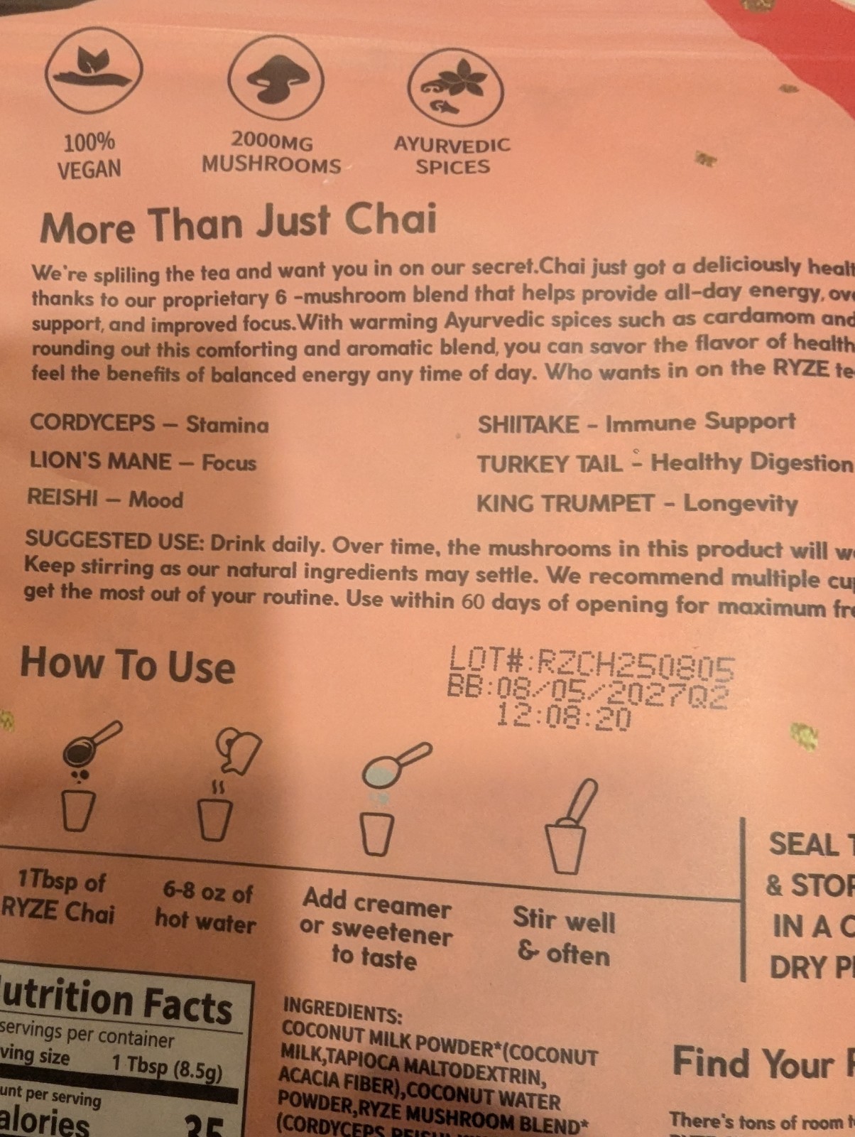 (2) RŸZE Mushroom Chai With 6 Adaptogenic Mushrooms Beverage Powder