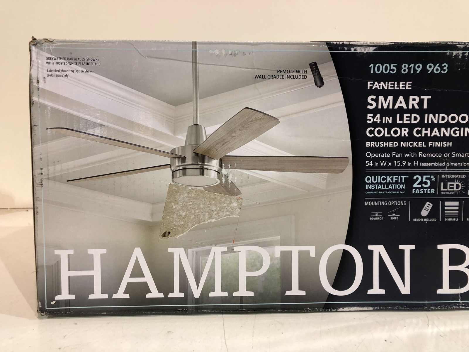 Hampton Bay Fanelee 54 in. LED Brushed Nickel Smart Ceiling Fan New