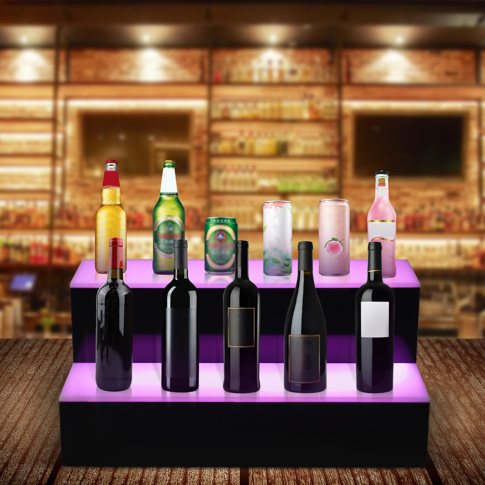 2 Tier LED Lighted Liquor Bottle Display Shelf - Glowing Bar Stand