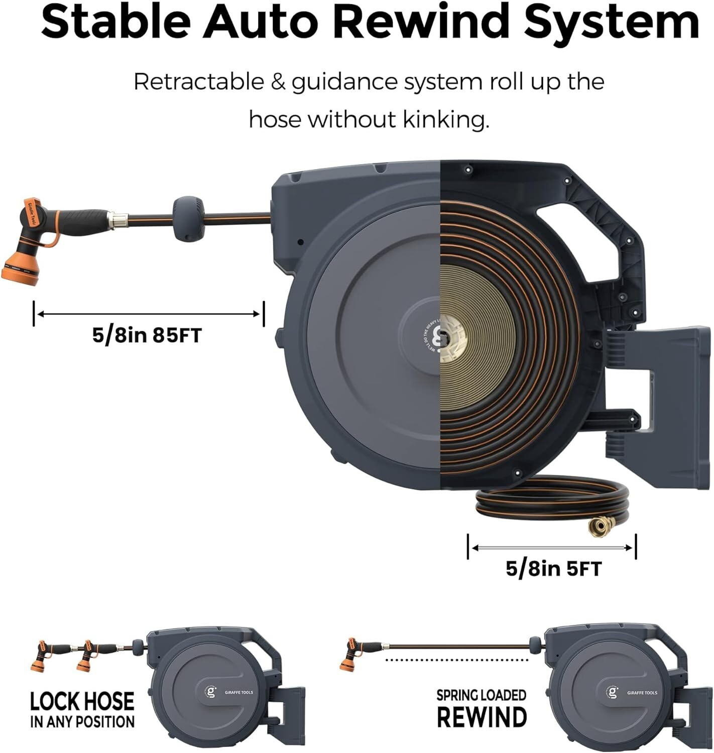 Giraffe Tools Retractable Garden Hose Reel 78-130FT Hose Reel PP & Metal Bracket