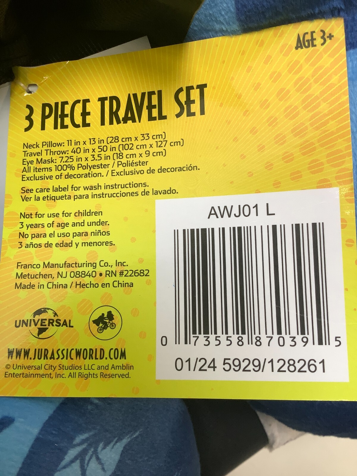 Jurassic Park Travel Set, 50" x 40" Throw, Eye Mask, Neck Pillow, 3 Piece Set