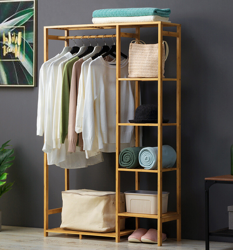 6 Tier Bamboo Garment Rack Storage Shelves Clothes Hanging Wardrobe Closet Stand