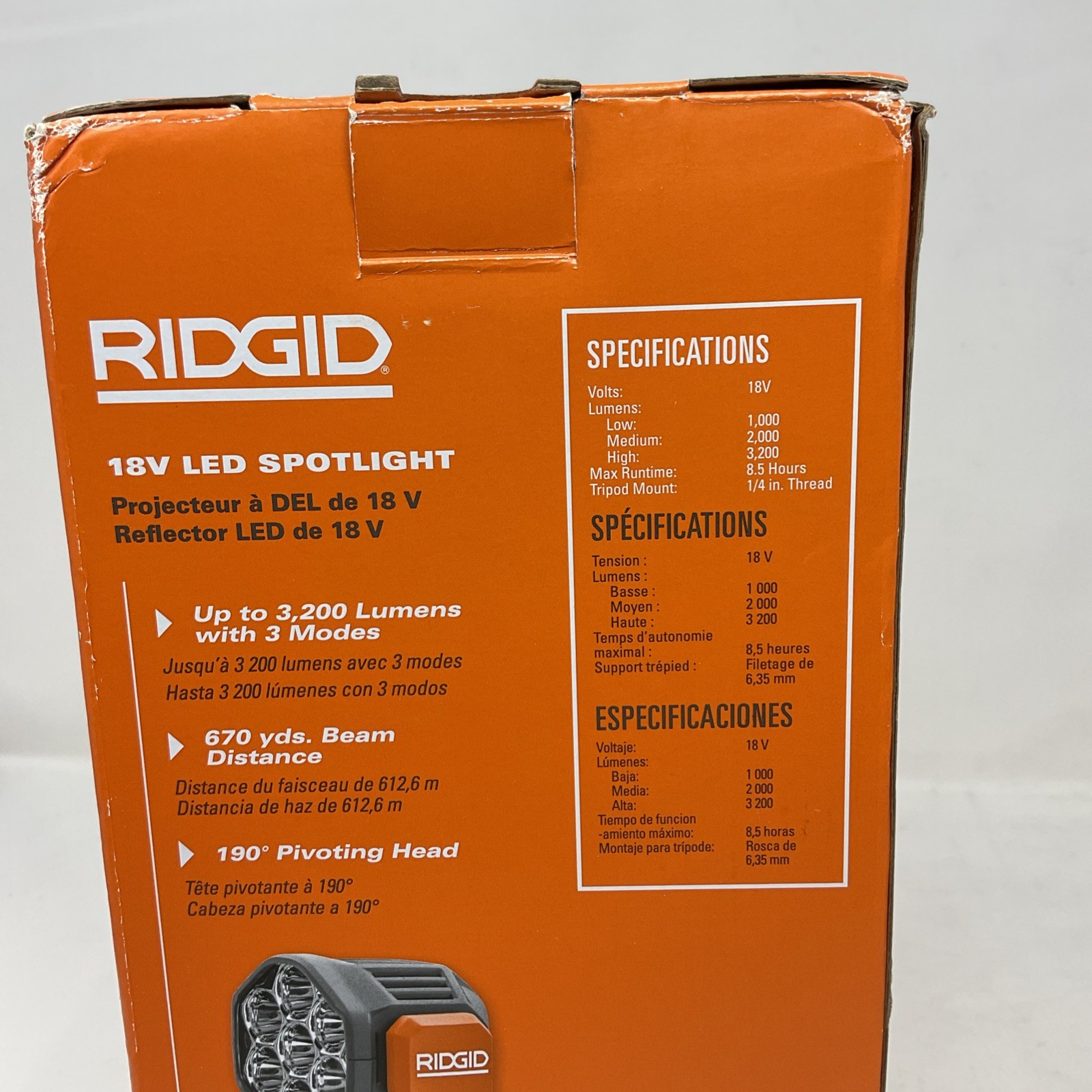 Ridgid 18V Volt LED Spotlight Cordless 3200 Lumen Multi Mode Tool Only R8699B