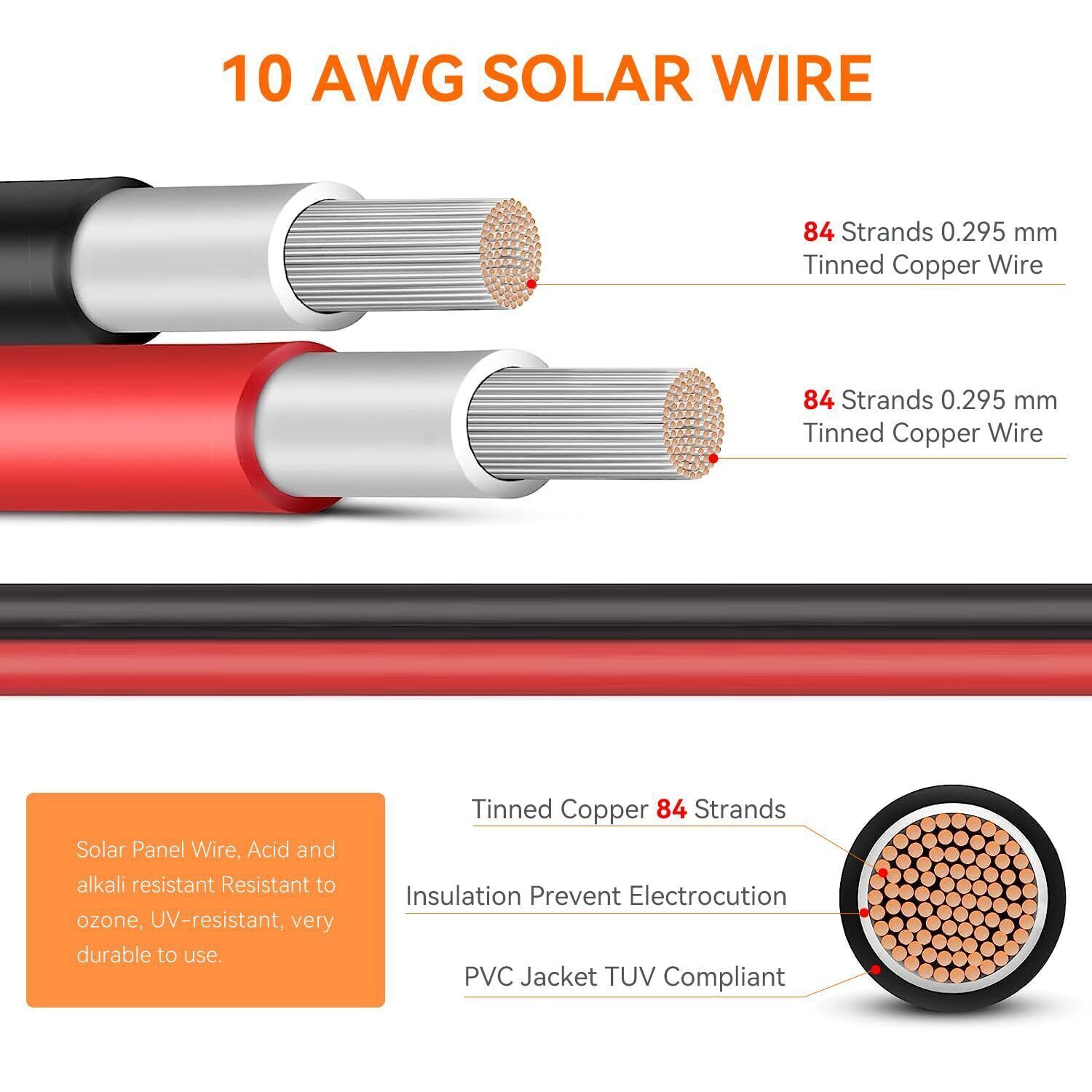 10 AWG Solar Panel Extension Cable PV Wire Solar Connector Pair Black & Red 6mm²
