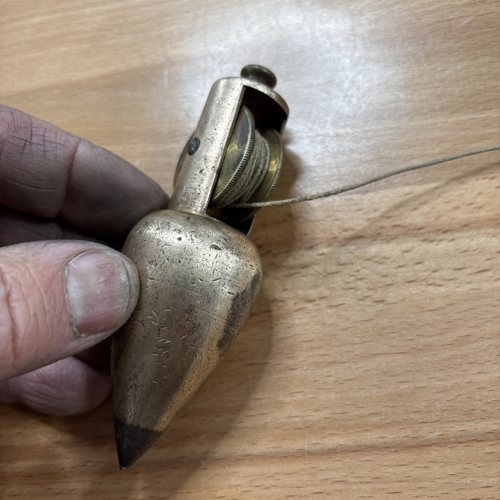 Vintage early Brass Plumb bob W / Integrated Reel Cord (Stanley?)