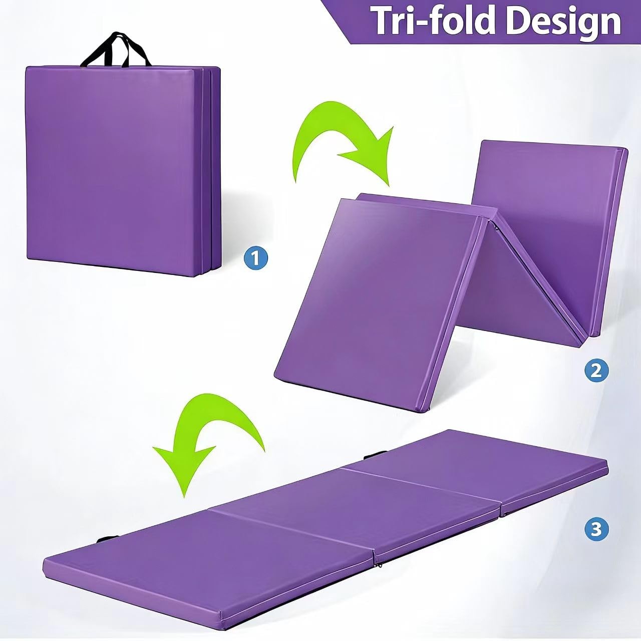 2.2in Extra Thick Tri-fold Folding Gym Mat with Carrying Handles Purple