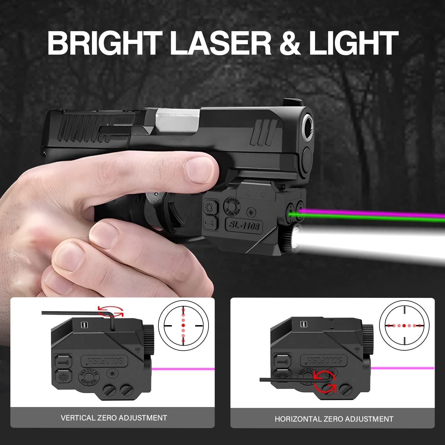 SOLOFISH Green+Purple Laser Sight & Flashlight for Pistol Handgun Picatinny Rail