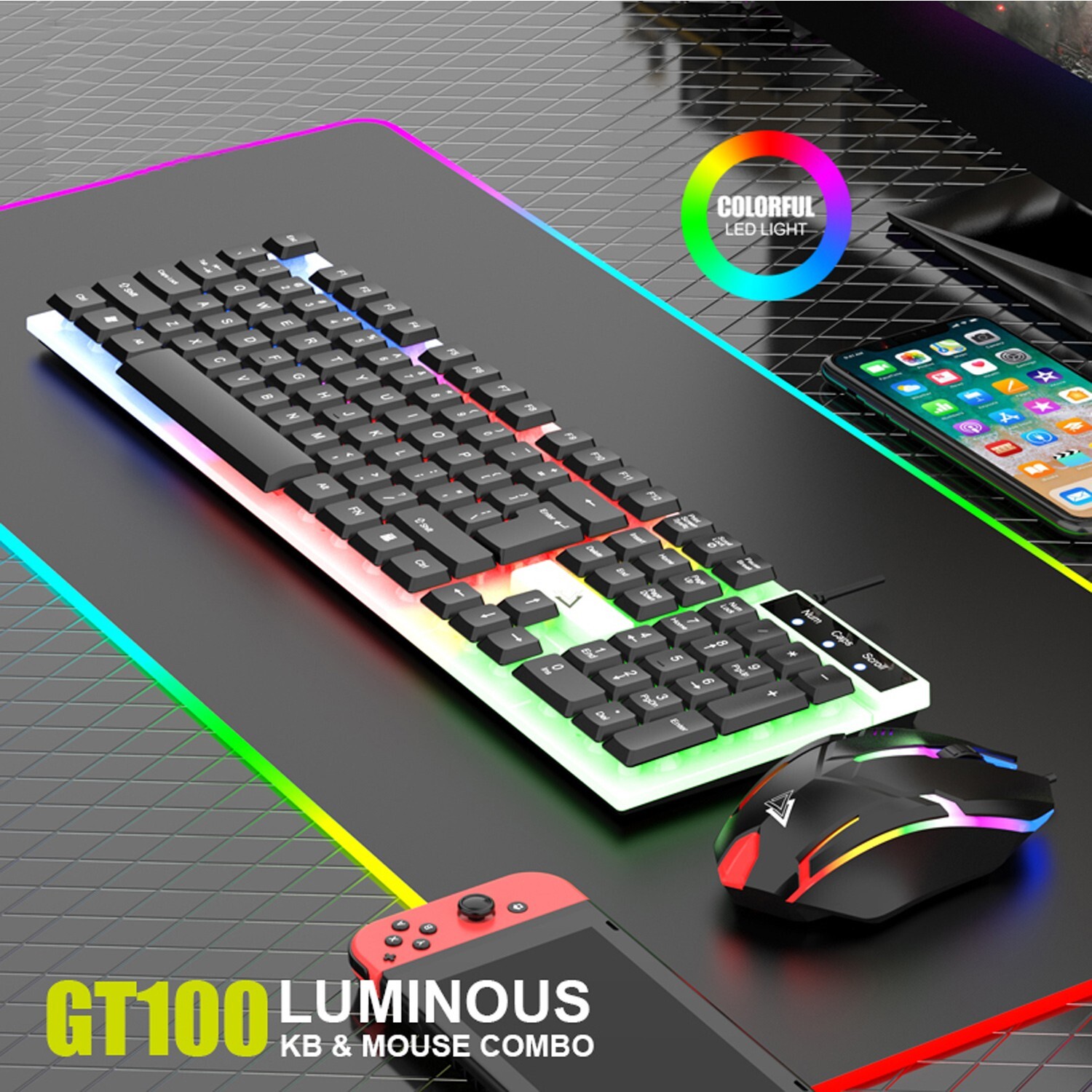 Wired Gaming Keyboard and Mouse Set RGB LED Rainbow Backlit for Computer Desktop