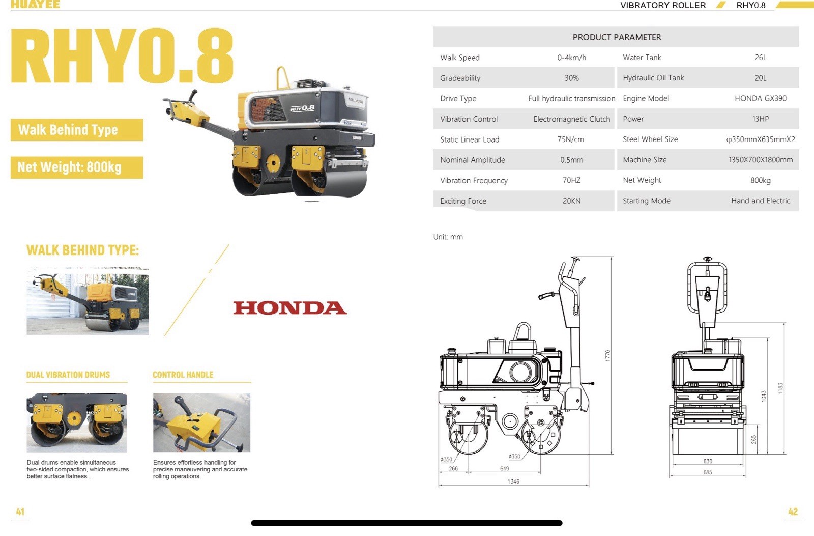 Huayee RHY 0.8 Vibratory asphalt Roller, 1800 Lbs Hydraulic Turning, Water Tank