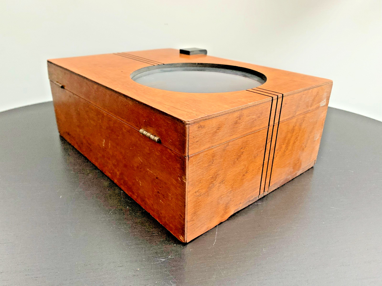 1930s Art Deco Barber Shop Cabinet Circle Glass Birdseye Maple Burton Chicago