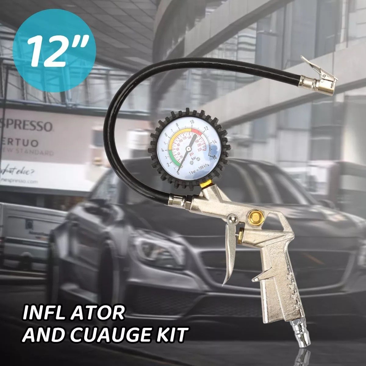 Tire Inflator Gauge Flexible Hose 220 PSI Pistol Style Air Chuck Pneumatic