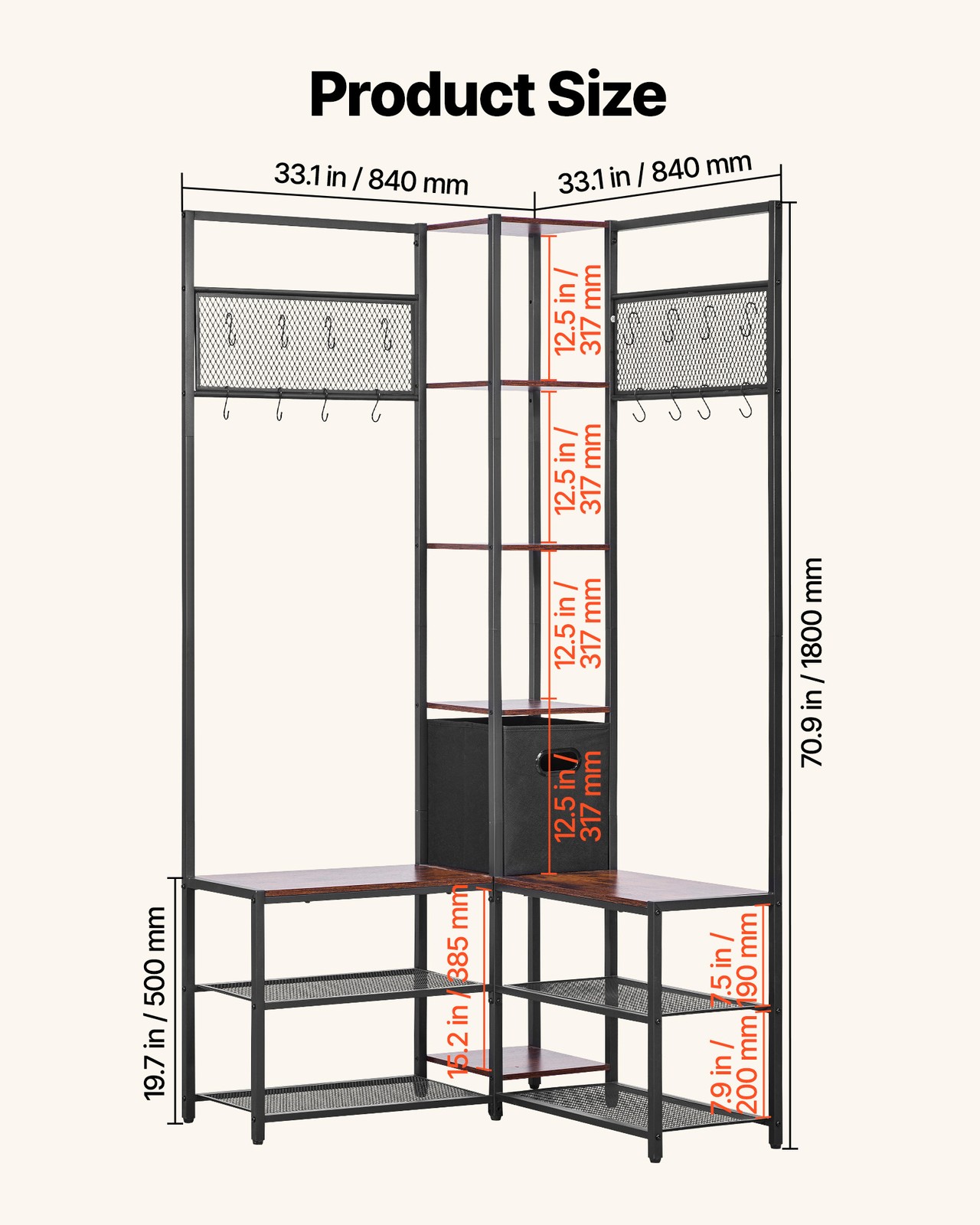 Uimoso Corner Hall Tree with Shoe Bench, 70.9 in Coat Rack with Hooks and Frame