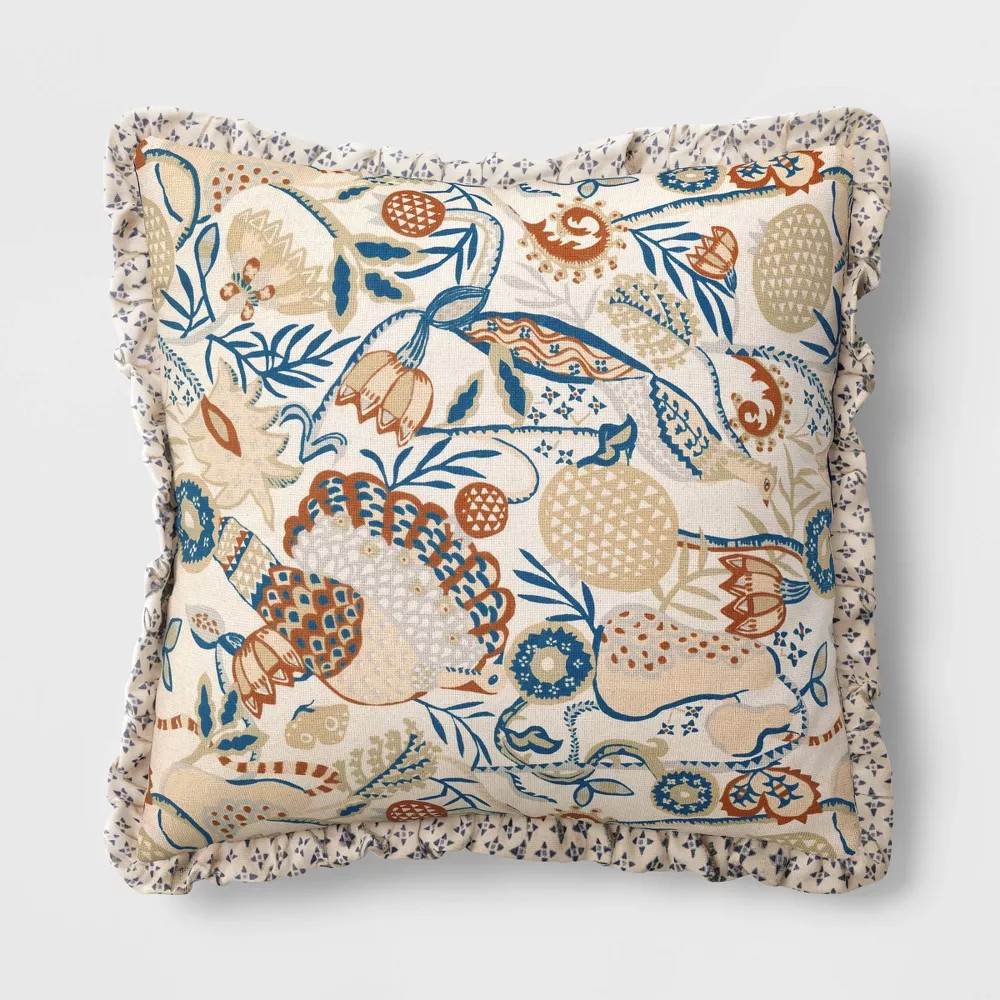 Square Bird in Nature Pillow with Printed Reverse and Ruffle Trim neutral