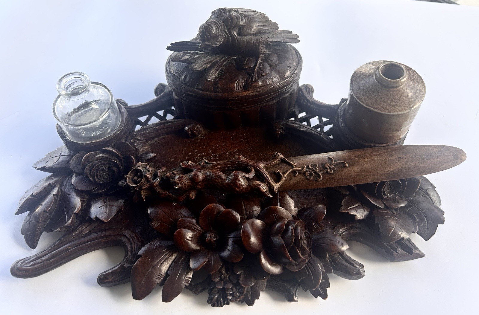 19th Century Swiss Black Forest Hand Carved Ink Stand