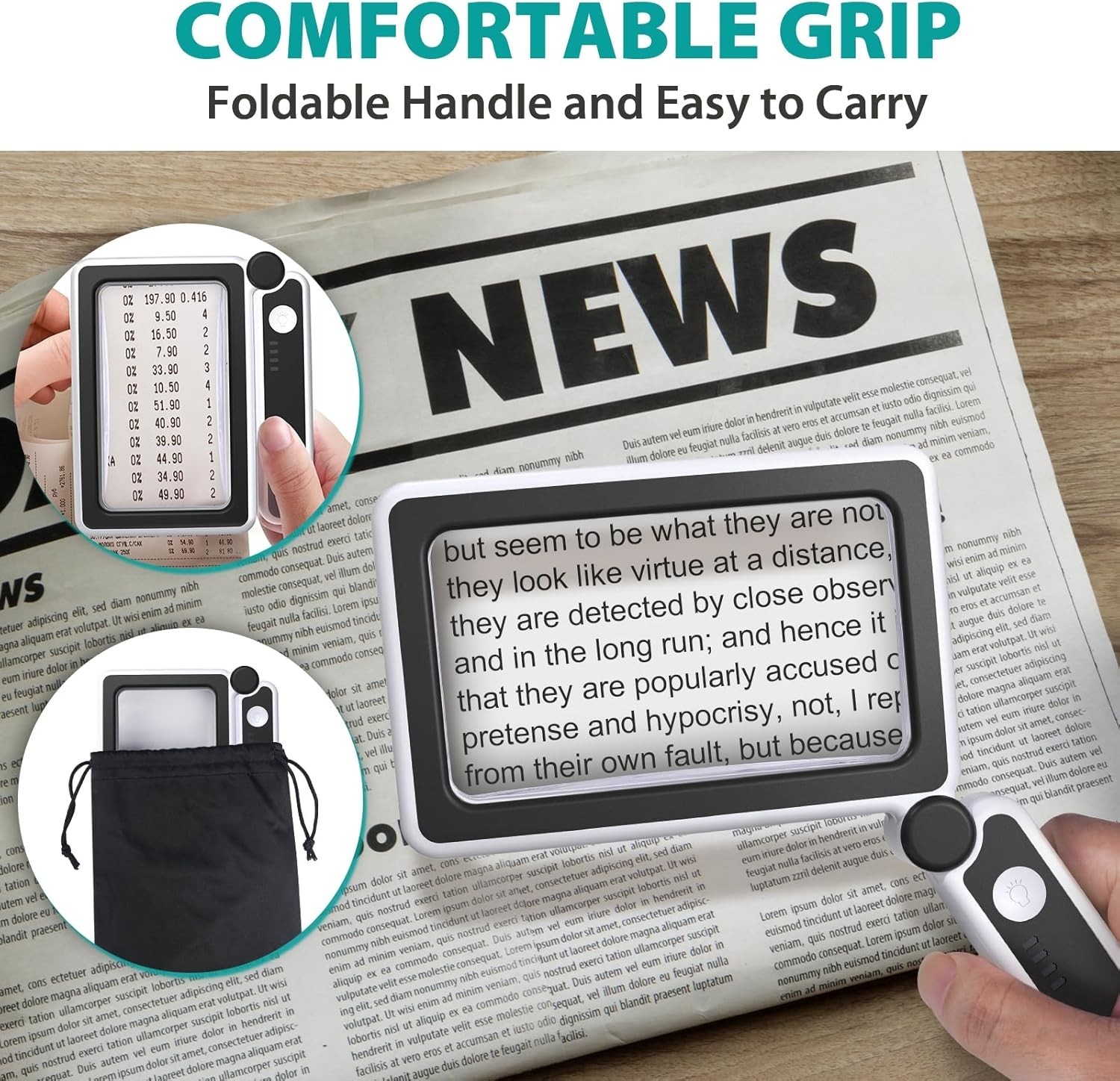 5X Magnifying Glass W/Light Rechargeable LED Handheld Reading Low Vision Seniors