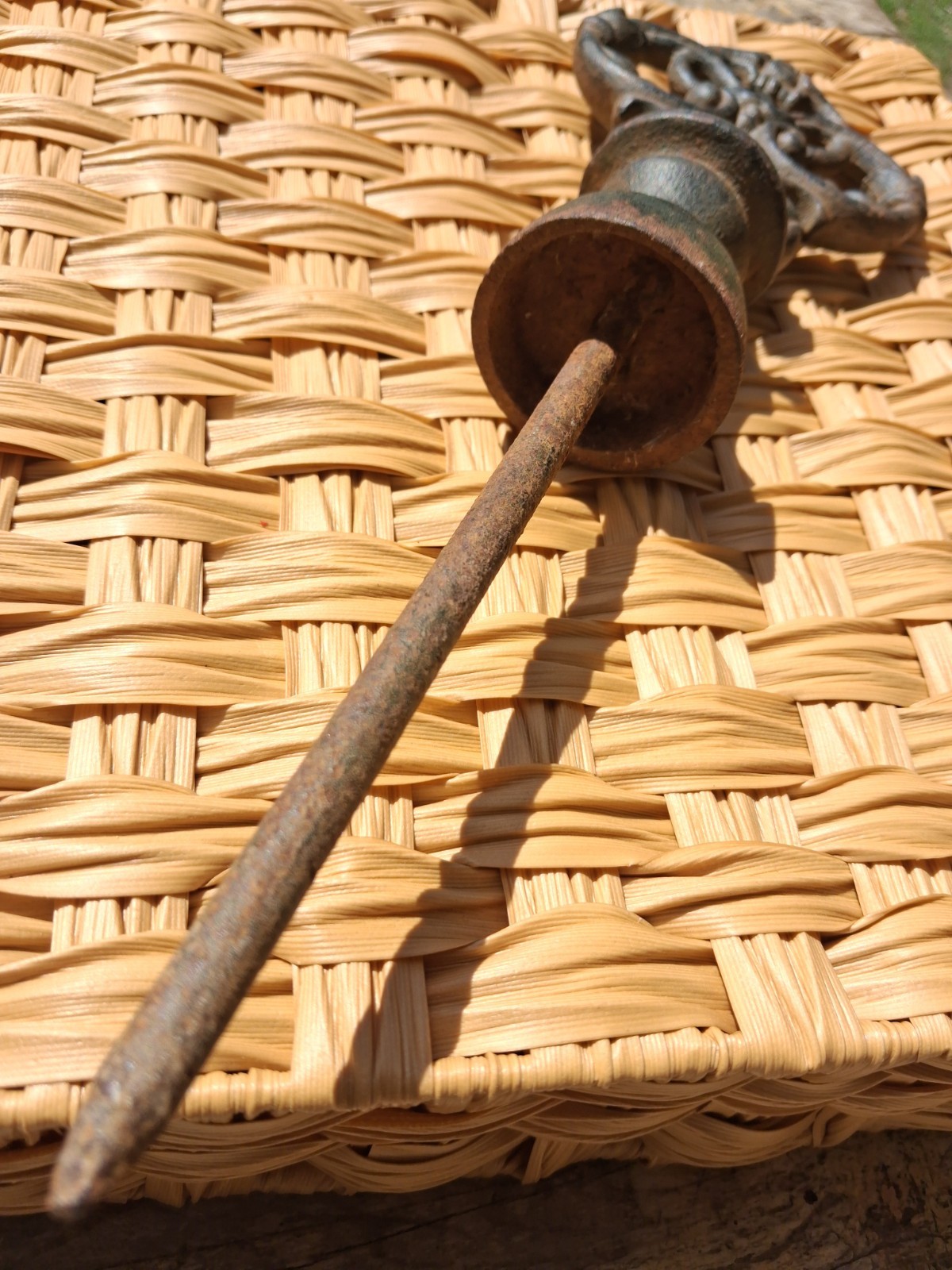 Antique Cast Iron Architectural Hose Guide with Finial Top Natural Patina 12"x4"