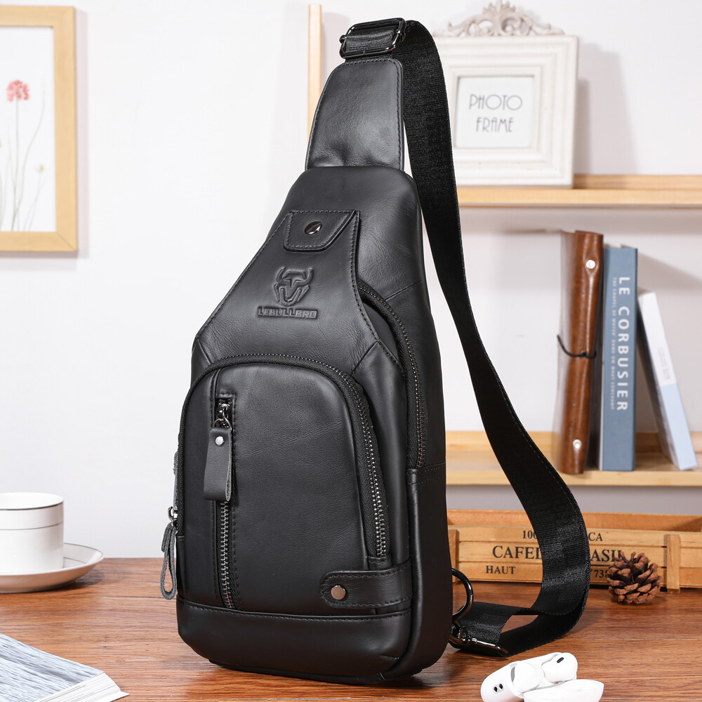 Mens Sling Backpack Cowhide Genuine Leather Chest Crossbody Shoulder Bag New
