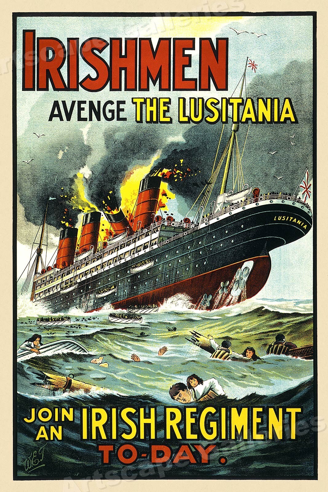 "Irishmen! Avenge the Lusitania!" WWI 1915 Recruiting Poster - 24x36