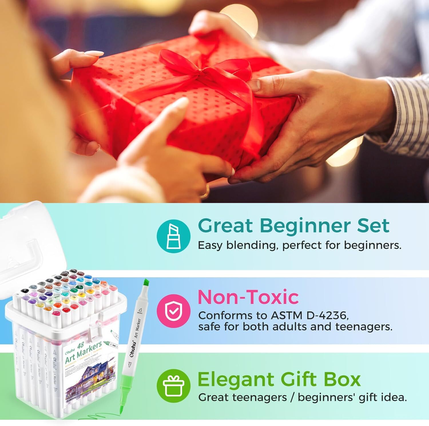 Ohuhu Markers, 48-color Double Tipped Alcohol Markers Brush& Chisel for Beginner