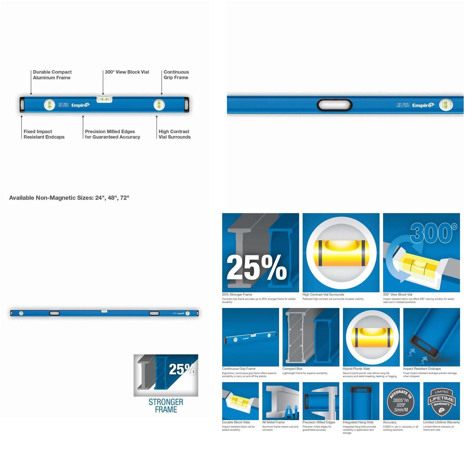 Empire 650.72 Box Beam Level Durable Lightweight Aluminum Continuous Grip 72 In