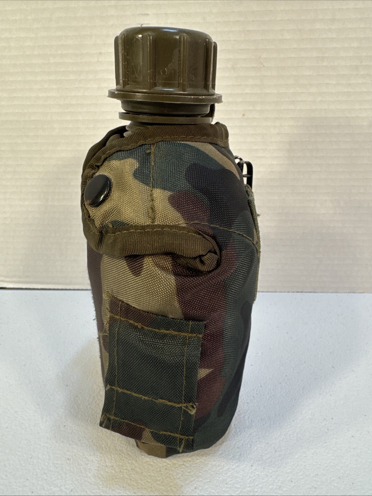 Olive Green Canteen Bottle with Camouflage Pouch Case, Used