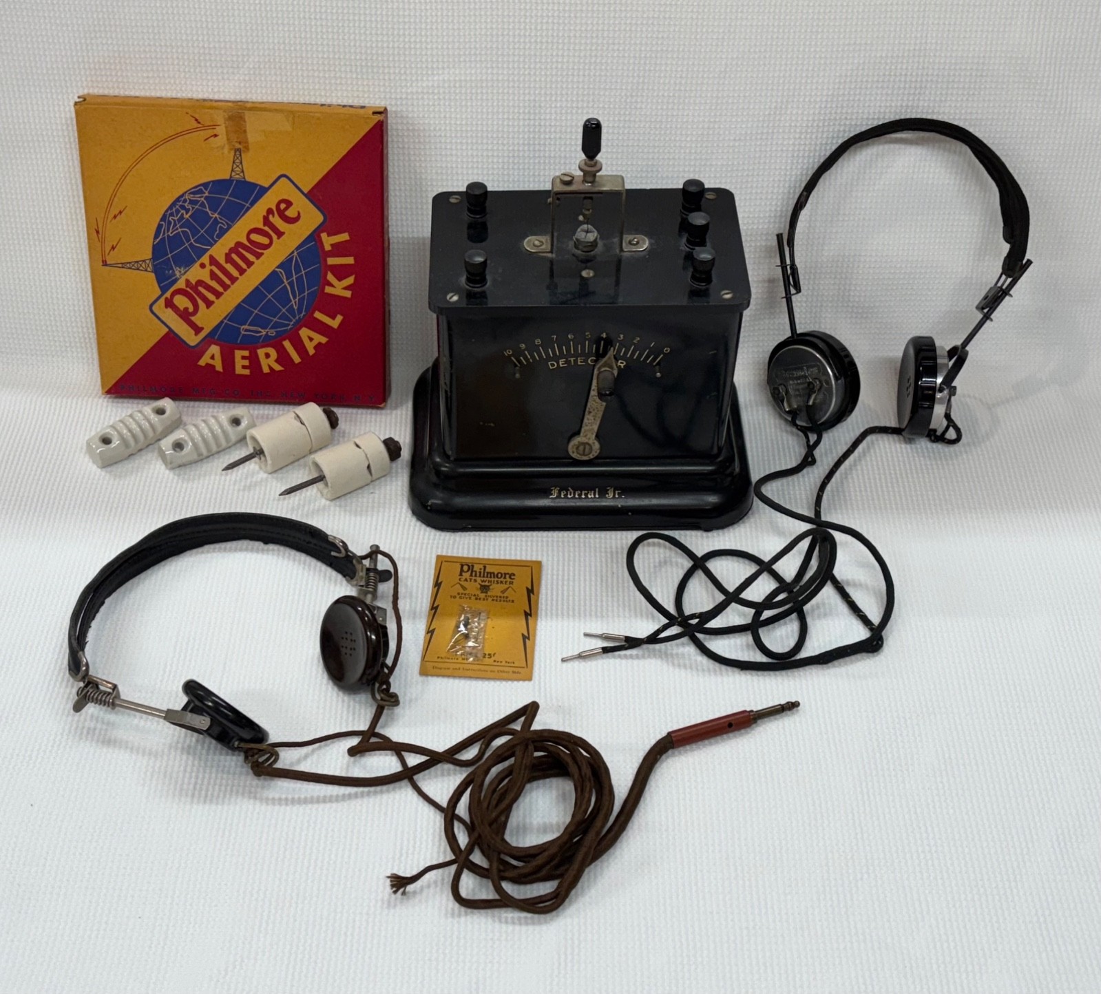Antique Federal Jr. Crystal Radio, Earphones, Philmore Aerial Kit, Cats Whisker