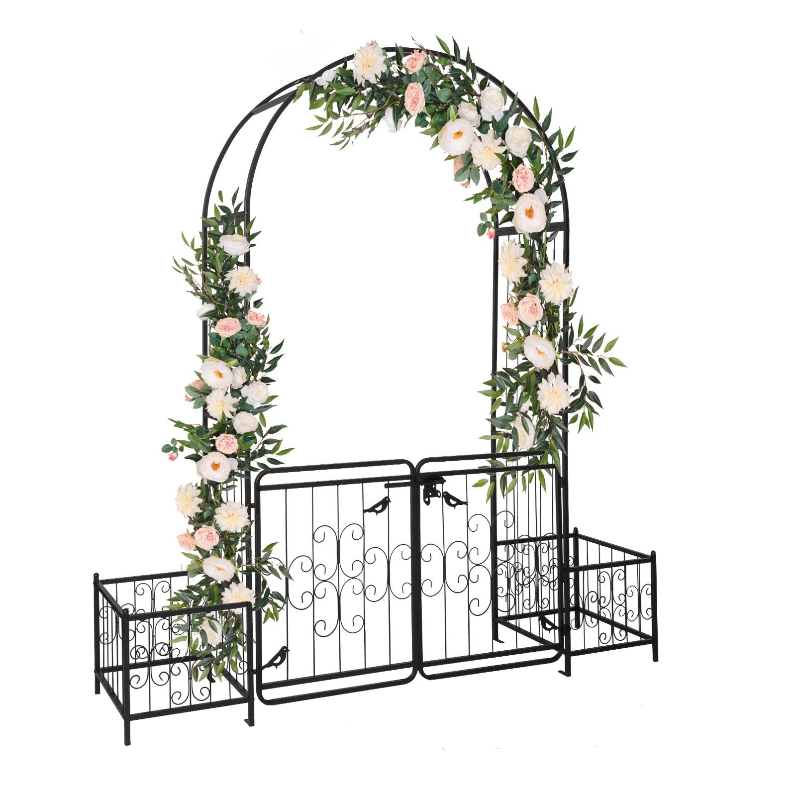 Metal Garden Arch with Planter Boxes Gate Wedding Arch Climbing Plants Black