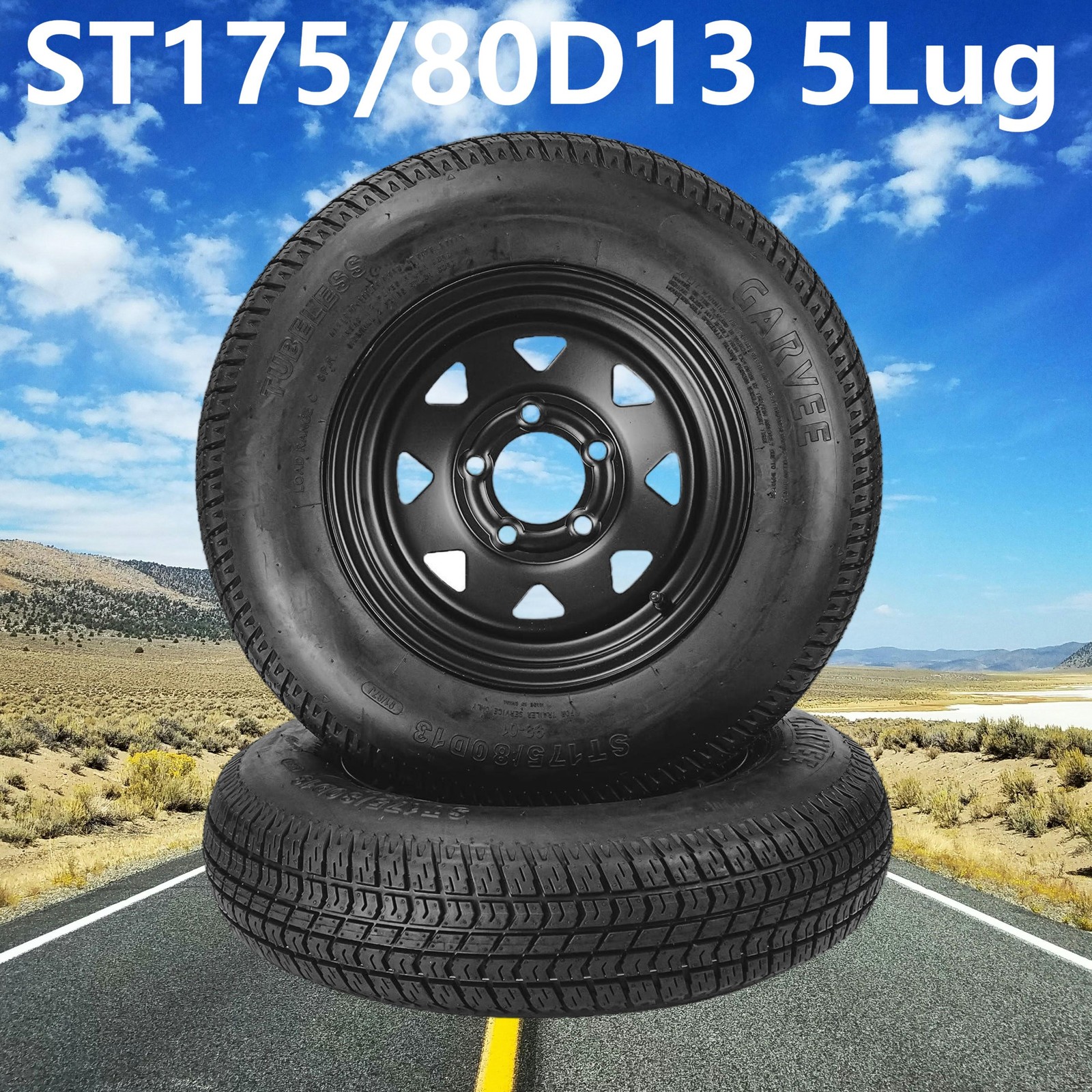 2 Pack ST175/80D13 Trailer Tires with 13" Rims 175/80 D 13 5 Lug on 4.5 Black