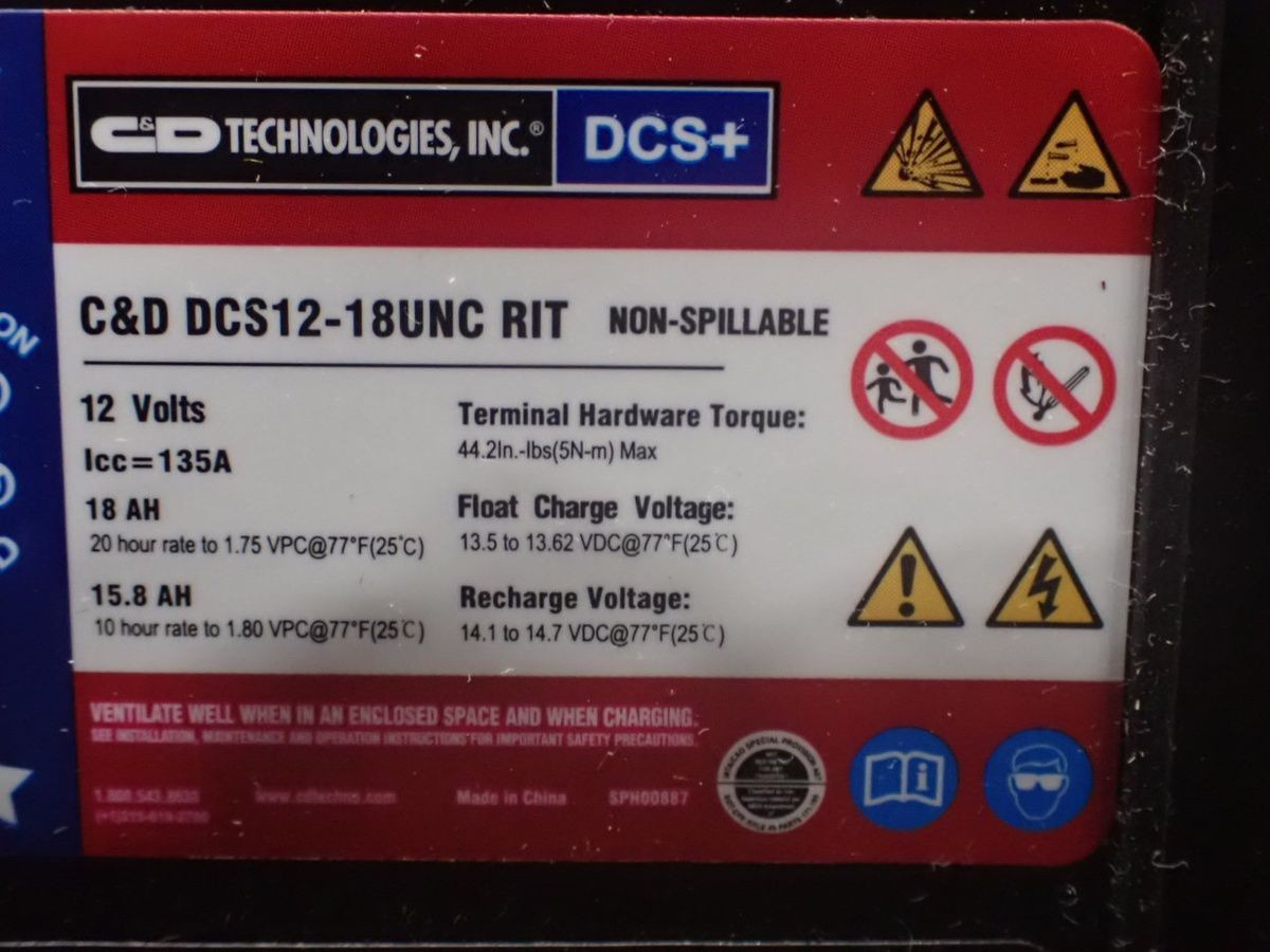 C&D TECHNOLOGIES DCS12-18UNC RIT Deep Cycle Battery, 12V, 18 AH, No Box