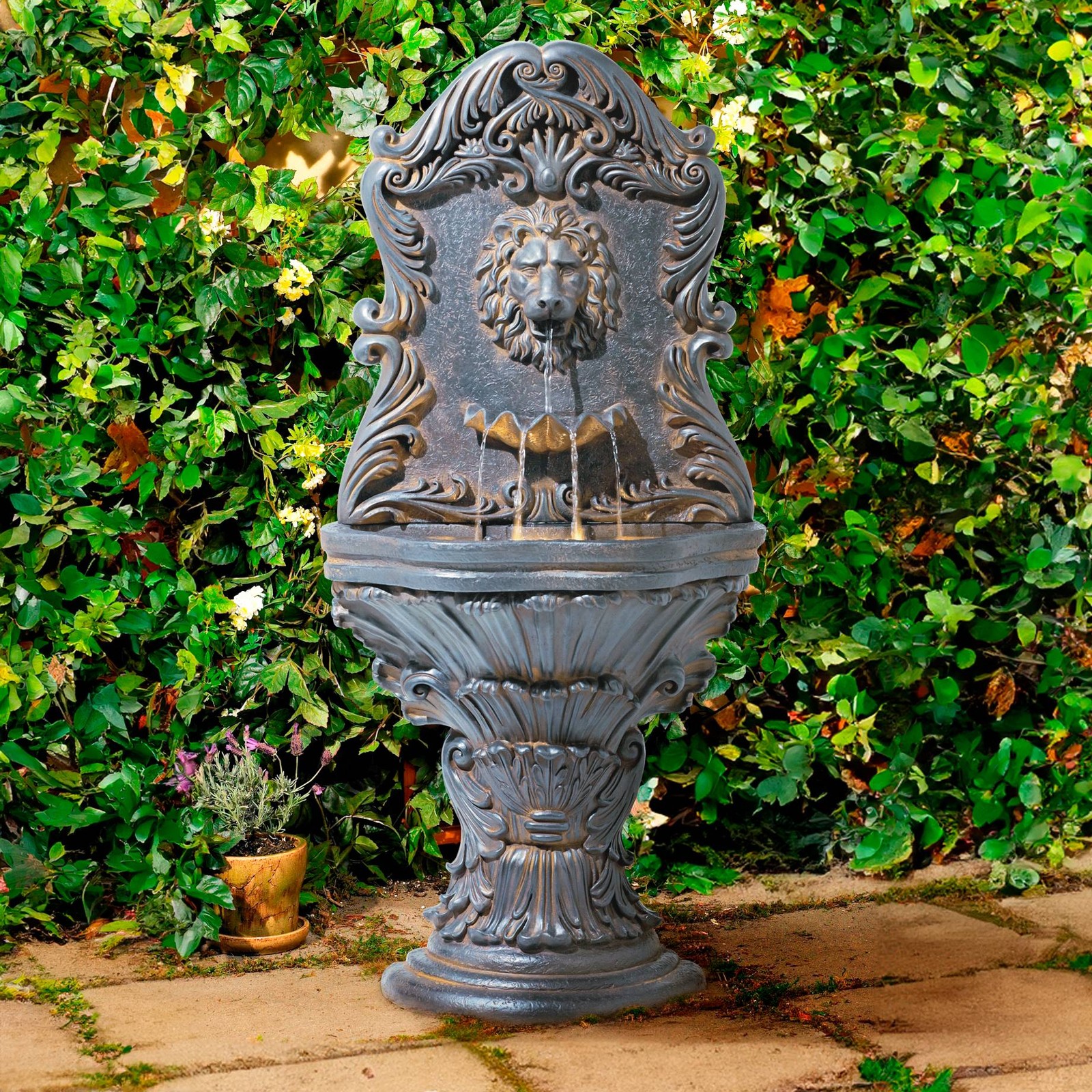 Imperial Lion Acanthus Rustic Outdoor Floor Wall Water Fountain LED Light 50"