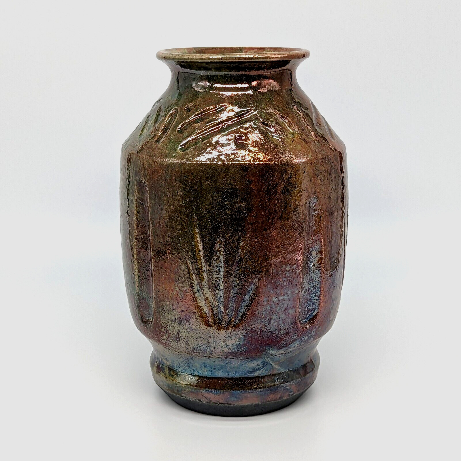 Iridescent Metallic Raku Vase Textured Nature Green Red Glaze Studio Art Pottery