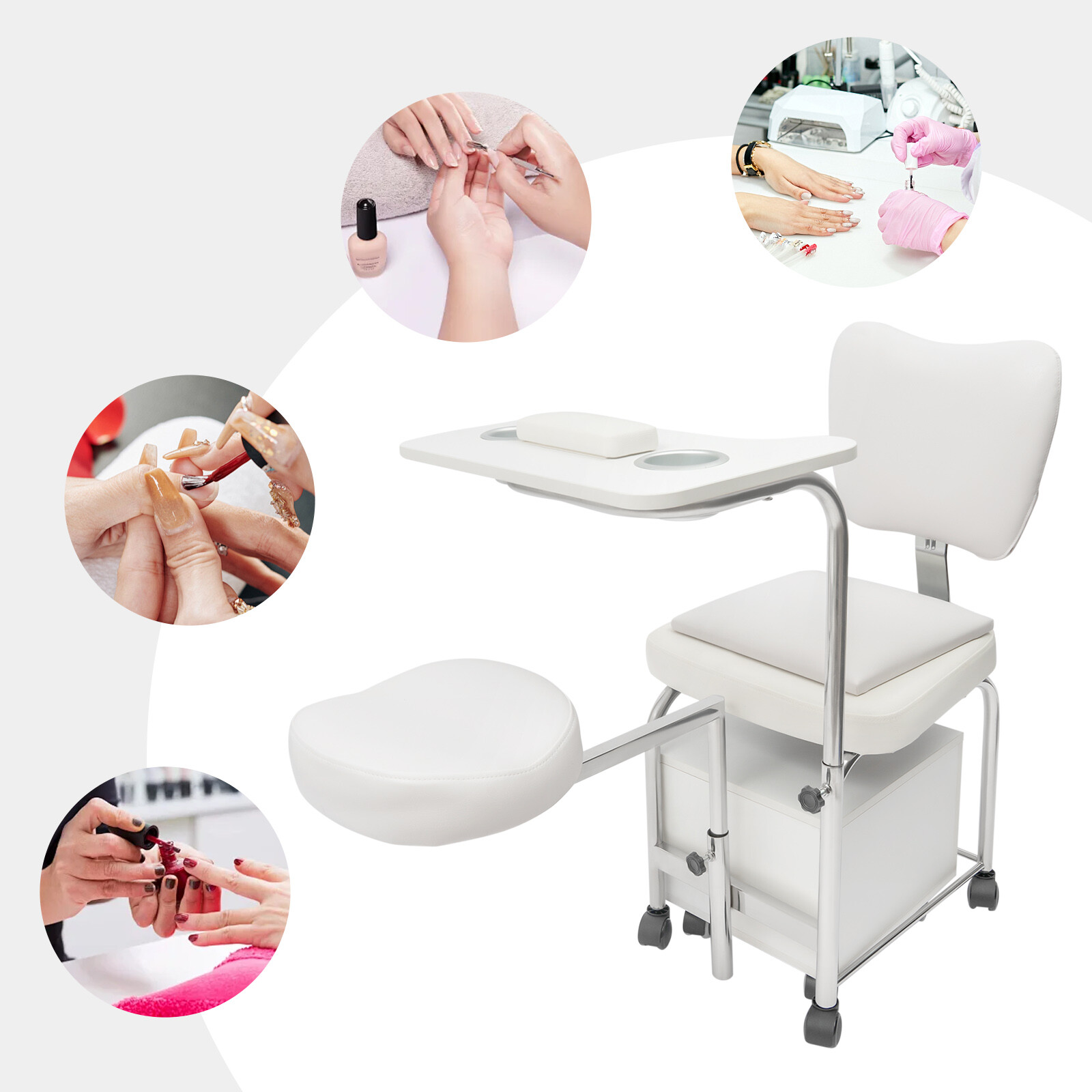 Manicure Pedicure Chair Nail Table Trolley, Adjustable Nail Desk Workstation