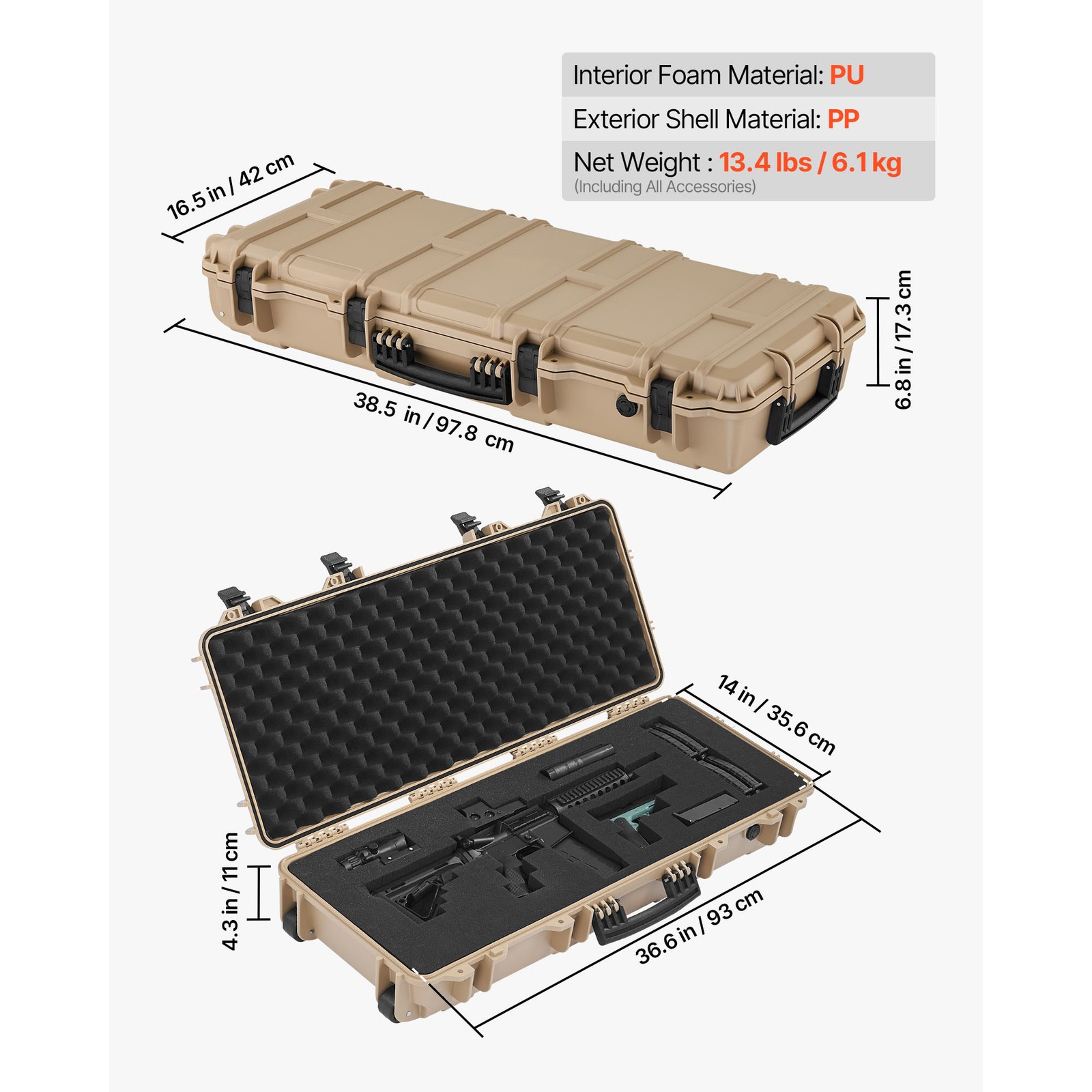 Uimoso Hard Rifle Case IP67 Waterproof Rifle Storage Case w/ Pre-cut Foam Khaki