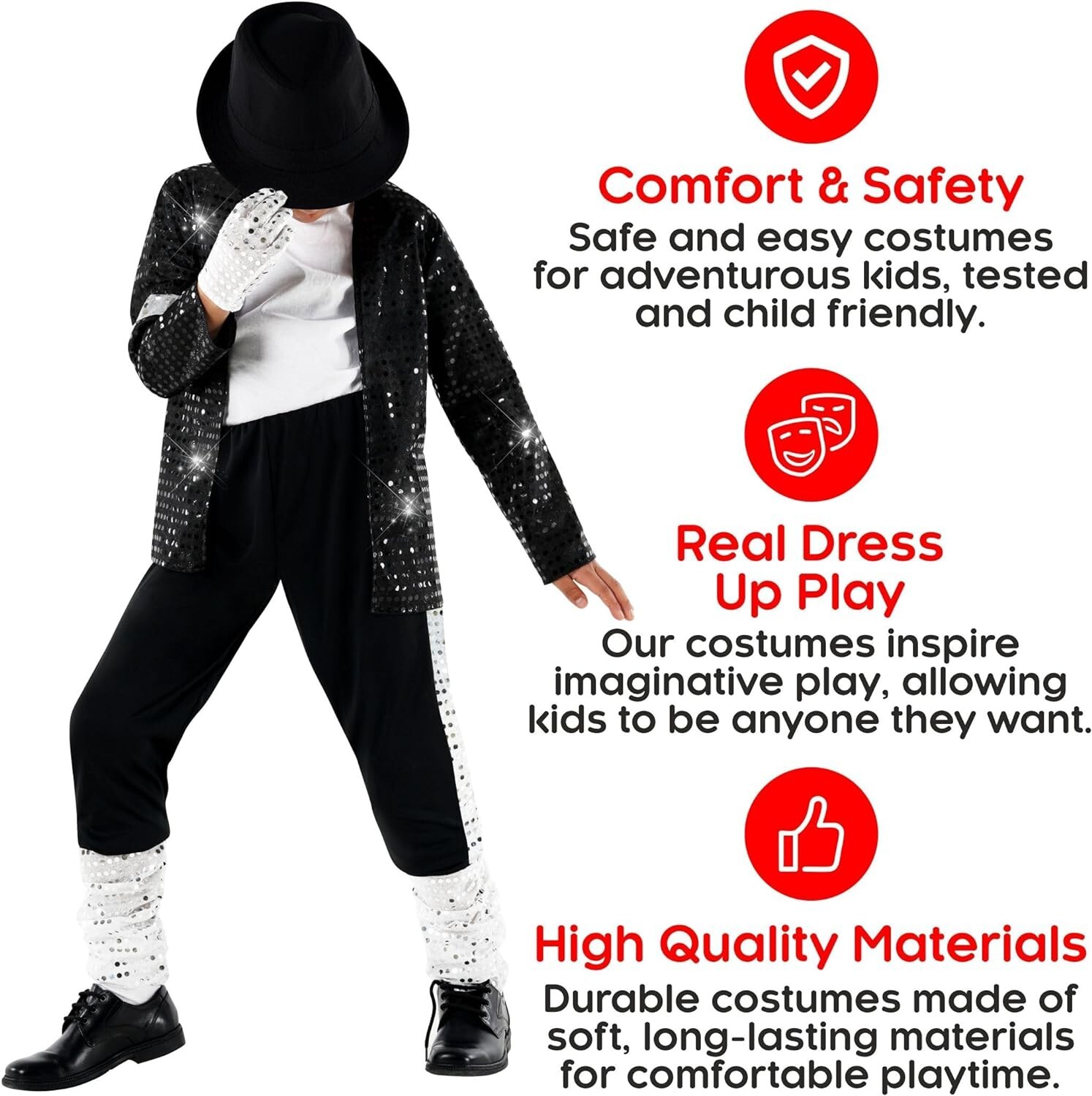 Boys King of the Pop Costume Kids 80s Moonwalking Popstar MJ Black Outfit