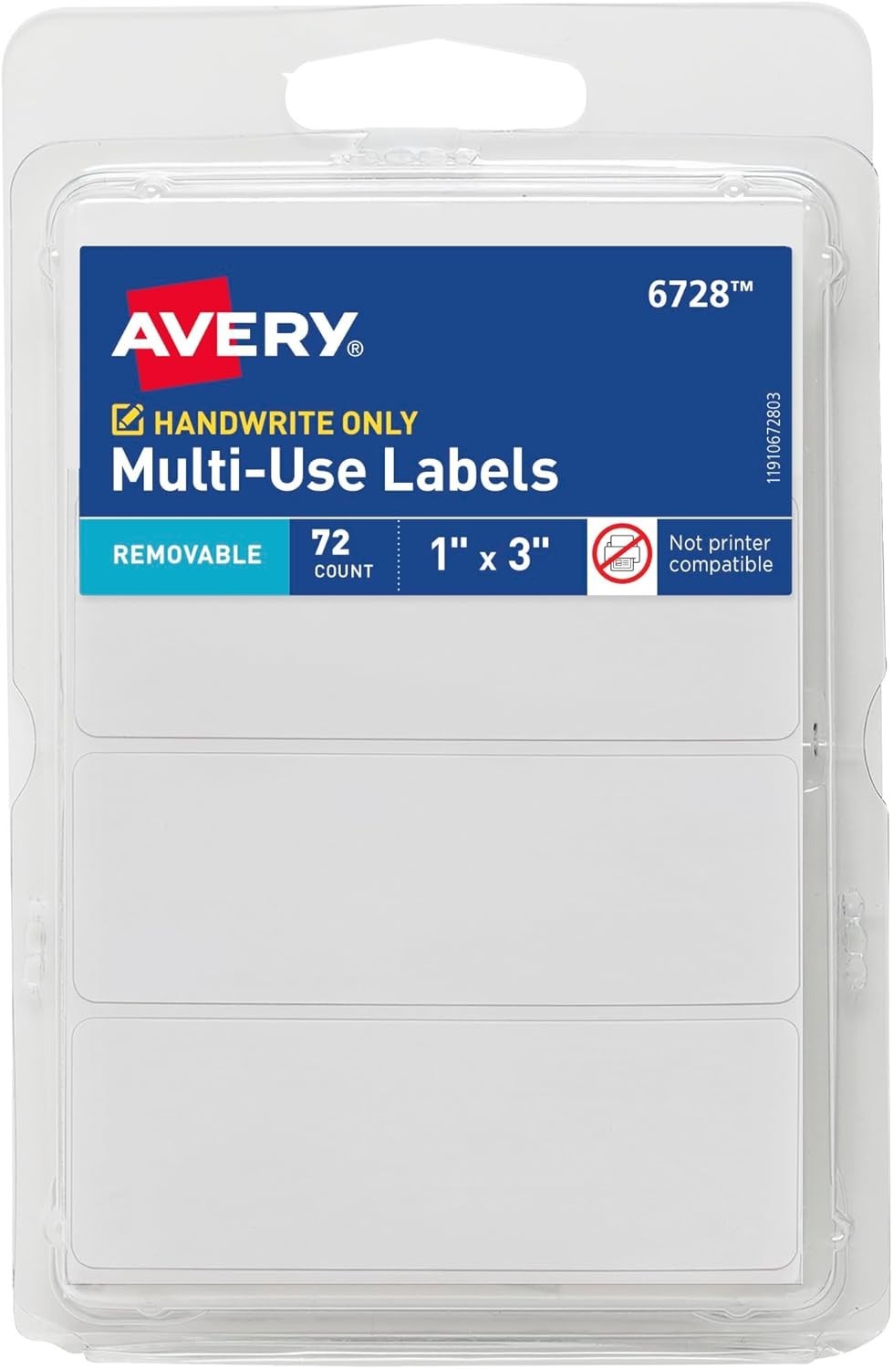 Avery Multi-Use Removable Labels, 1" x 3", White, Non-Printable, 72 Count (6728)