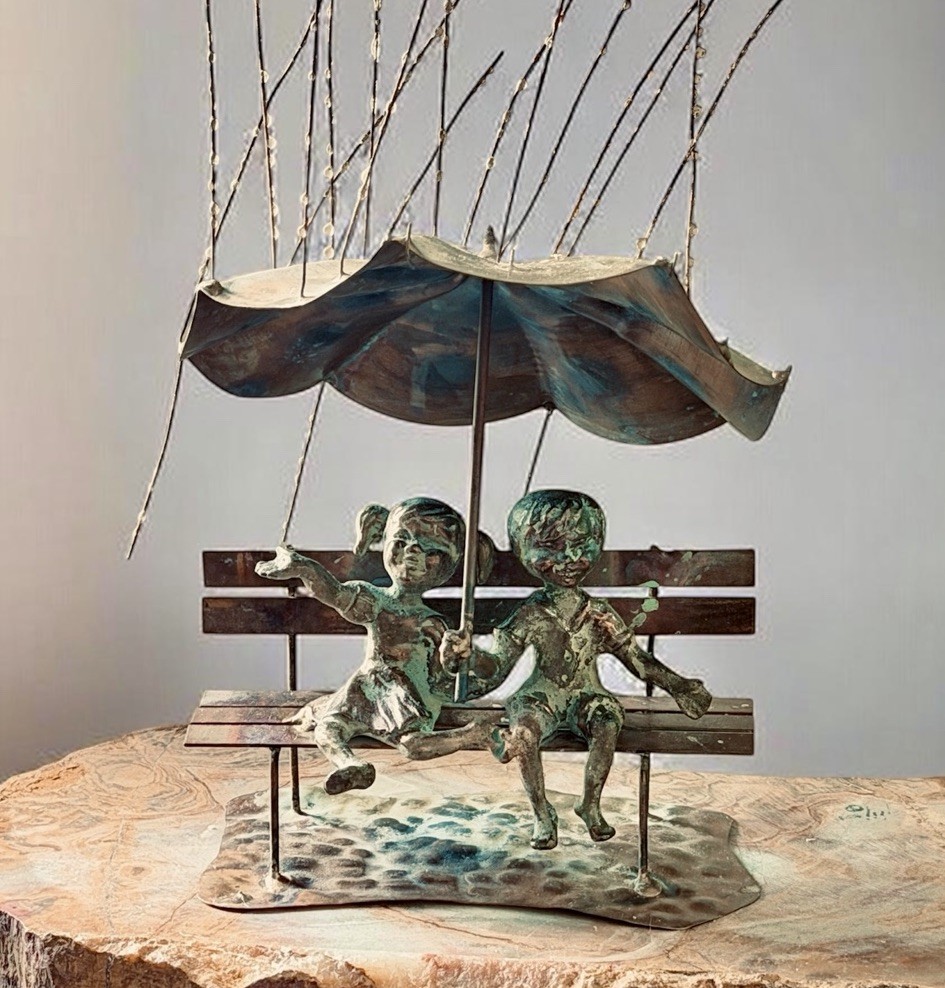 Vintage 1970s Bijan Brass & Copper Figural Rain Drops Sculpture Signed 14”