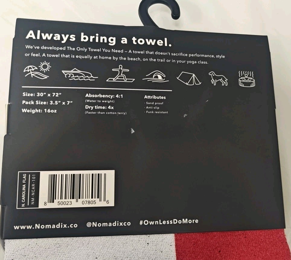 Nomadix Towel North Carolina State Flag MicroTerry Performance Material 30"x72"