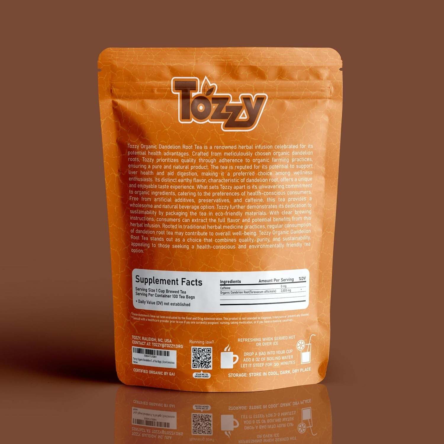 Organic Dandelion Root Tea - 100 Count (Plant-Based Pyramid Tea Bags)