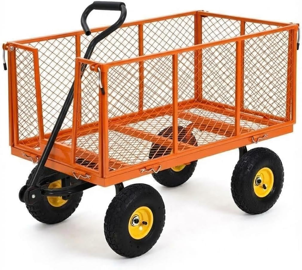 Heavy Duty Steel Garden Cart Pullable Garden Wagon with Removable Sides 1100LBS