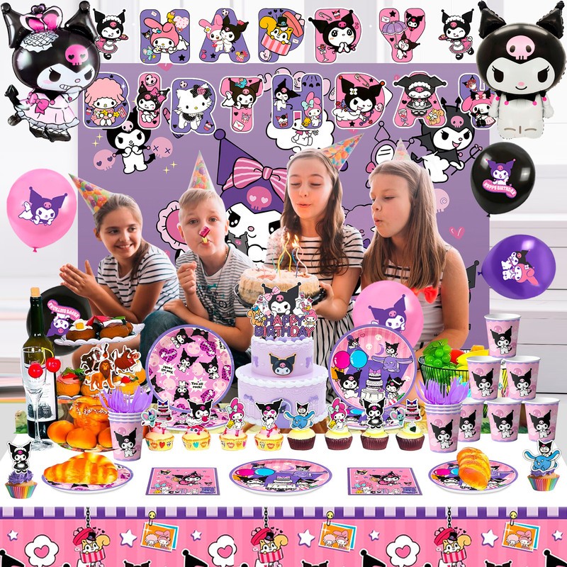 114 Pcs Kuromi Party Decorations Sanrio Birthday Party Plates Balloons Backdrop