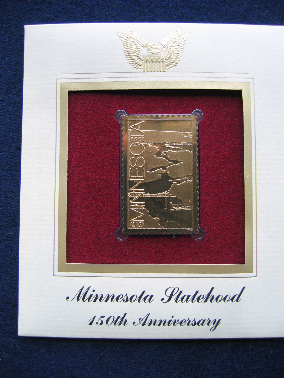 2008 Minnesota Statehood 150th Anniversary Replica 22kt Gold Golden Cover Stamp